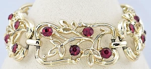 Vintage Signed Coro Ruby Red Rhinestone Golden Filigree Floral Panel Bracelet 7" - Picture 1 of 8