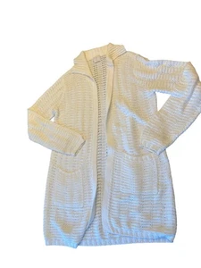 MAG Womens Long Open Front Cardigan Sweater M Knit White Cotton Pockets Coastal - Picture 1 of 5