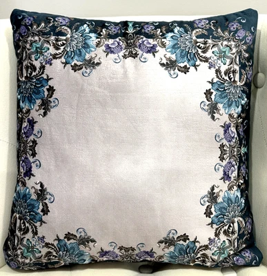 16"x16" BLUE VELVET AND SILK FLORAL CUSHION COVER/ THROW/ PILLOW COVER. - Image 1 of 3