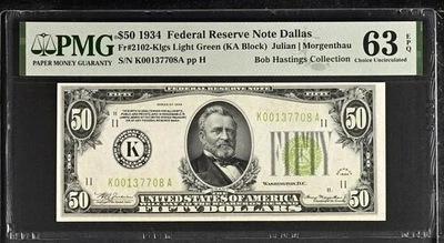 1934 $50 Federal Dallas  FRN. Fr. 2102-Klgs LIGHT GREEN SEAL LGS PMG 63 EPQ - Image 1 of 2