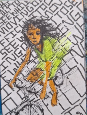 Mujer montando en bicicleta medios mixtos ATC OOAK ORIGINAL 3,5 x 2,5 pulgadas Foto 1 de 3