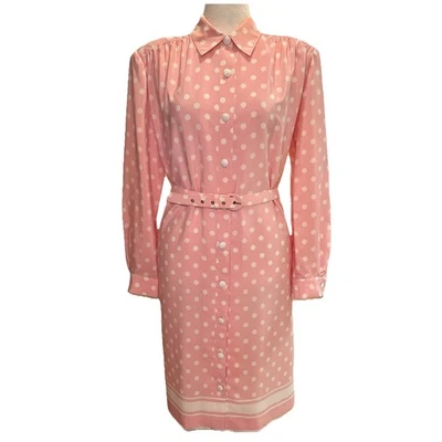 Vestido camisa Leslie Fay tamanho 18 vintage bolinhas rosa botões almofada de ombro com cinto anos 80 - Imagem 1 de 4