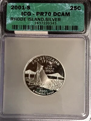 2001 S 25C Silver Rhode Island State Quarter PR70DCAM ICG Certified - Image 1 of 2