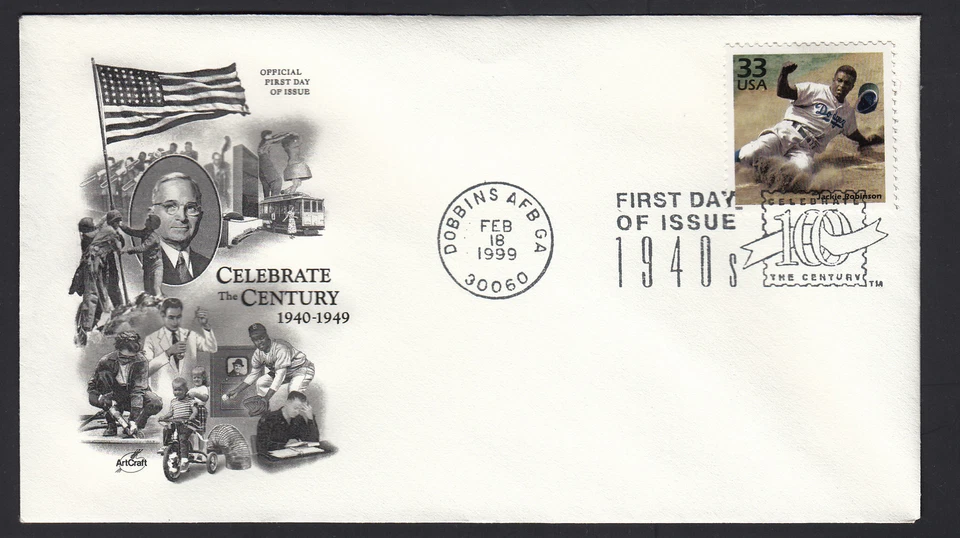 Celebrate the Century 1940s USPS 1999 First Day Cover Jackie Robinson 32c Stamp - Image 1 of 1