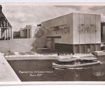 FRANCE EXHIBITION Postcard 1937 Real Photo ARCHITECTURE Boat {samwells}YX346 - Image 1 of 4