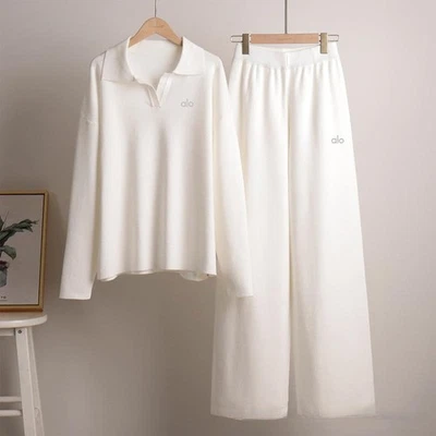 AIo Yoga Invierno Tejido Suéter Traje Cuello Polo Pierna Ancha Pantalones Conjunto de Dos Piezas Foto 1 de 4