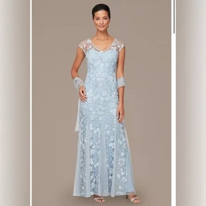 NWT ALEX EVENINGS Floral Embroidered Godet-Hem Gown & Shawl Light Blue Size 16 - Picture 1 of 5