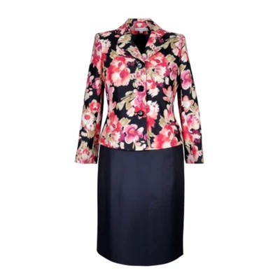 Le Suit 缎面裙套装 16 花卉 3 纽扣西装外套黑色裙子手链袖口 — 第 1/4 张图片
