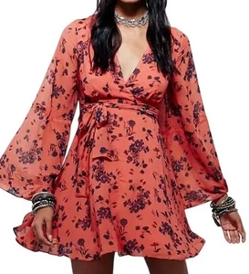Free People Bohemian Coral Floral Faux Wrap Dress With Bell Sleeves Size L - Picture 1 of 10