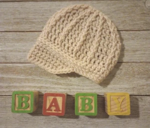 crochet handmade baby hat newborn preemie newsboy beanie brim tan new - Picture 1 of 2