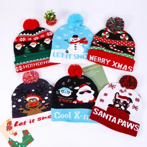 Christmas Knit Beanie Hat with Lights Xmas Santa Hat Snowflake Snowman Skull Cap - Picture 1 of 32