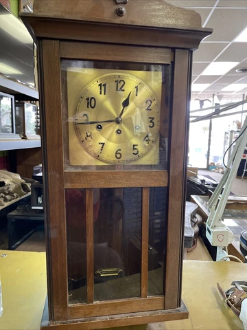 Vintage hanging wall clock eood mission style Brass untested parts or repair Cover