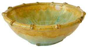 Bowl Studio Art Pottery Stoneware Green & Gold Glaze w/ "Bamboo" Rim 9.5" x 4" - Picture 1 of 5