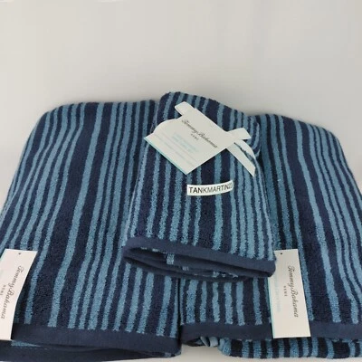 4件套Tommy Bahama蓝色带蓝色条纹2个浴缸和2个手巾全新带标签 — 第 1/4 张图片