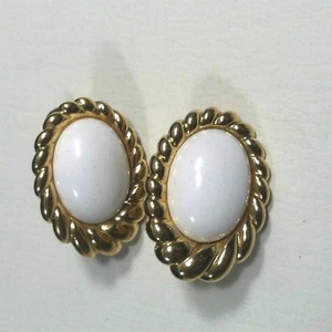 Vintage Signed Monet Gold & White Tones Clip on Earrings - Picture 1 of 2
