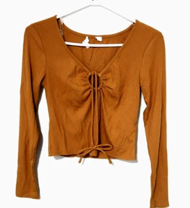Bp Nordstrom Cropped Henley Top Textured Rib Knit Mustard M - Picture 1 of 4