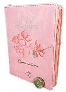 Bibel für Quinceañera mit Verschluss RV1960 imitiert rosa Leder mit Index - Bild 1 von 5