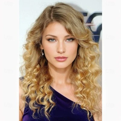 Ombre Dark Blonde Kinky Curly 100% Human Hair Lace Front Wigs Ash Brown Roots  - Image 1 of 4