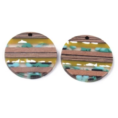 4 pcs. Brown and Teal Resin and Wood Round Flat Pendant - 30mm - (1.2") - Stripe - Image 1 of 2