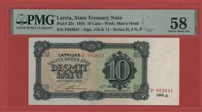LATVIA  10  LATU  1934  PICK # 25c  PMG 58 CHOICE ABOUT UNC. - Image 1 of 4