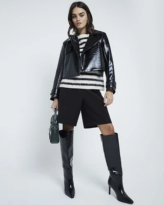 River Island Womens Trench Coat Black Faux Leather Cropped Button Outerwear Top - Image 1 of 4