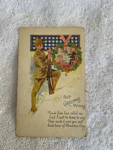 Cartolina d'epoca mai usata soldato patriottico USA zio Sam migliori auguri di Natale - Foto 1 di 2
