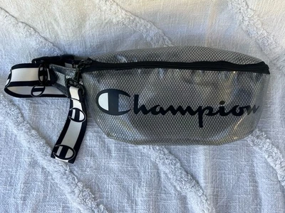 Champion Waist Belt Crossbody Bag Fanny Pack Sling Script Logo Clear Black White - Image 1 of 4