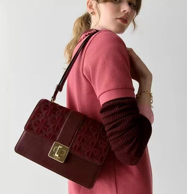 NWT Kate Spade Spade Flower Embroidered Flap Shoulder In Dark Merlot - Image 1 of 4