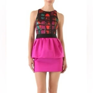 Milly Graffiti Plaid Silk Peplum Mini Party Dress Fuchsia Pink Sz 6 - Picture 1 of 15