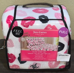 Juicy Couture KOMPLETTES 4-teiliges Plüsch-Laken-Set weiß/rosa Leopard & schwarze Küsse Lippen - Bild 1 von 7