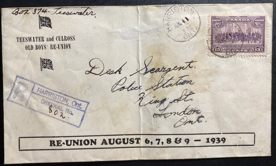 1938 Harriston Canada Cover To London Teeswater & Culross Old Boy Reunion - Image 1 of 2