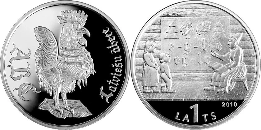 Latvia 2010 silver coin 1 lats proof  THE LATVIAN ABC BOOK  box coa - Image 1 of 1