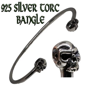Skull Torc .925 silver bangle biker viking arm ring mjolnir thor odin pagan - Picture 1 of 3