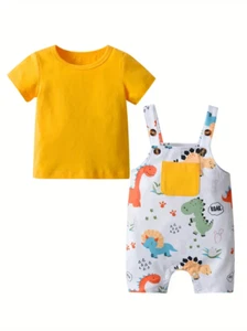 18-24 mo. Toddler Baby Solid Cotton T-Shirt + Overalls Set Dinosaurs Yellow New - Picture 1 of 7
