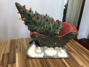 Vintage Ceramic Christmas Tree On Sled Homemade Old Vgc Hand Painted - Picture 1 of 13