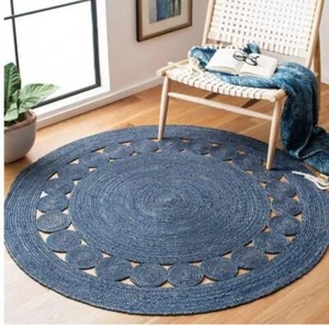 Blue round jute rug with circle designs handmade area rug, floor carpet/mat - Picture 1 of 3