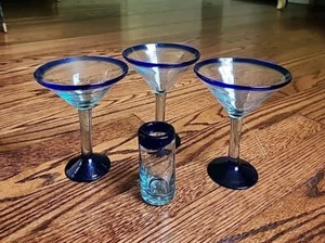 NEW *3* Hand Blown Martini Margarita Glasses & *1* Shot Glass Cobalt Blue Mexico - Picture 1 of 16