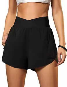 Women's Workout Shorts Athletic Running Shorts Elastic High Waisted Black Tum... - Picture 1 of 8