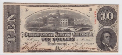 April 6, 1863 $10 Confederate States of America T-59 Note #107184 - Image 1 of 2
