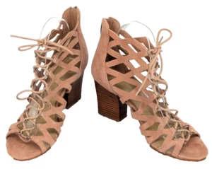 Mark Fisher Strappy 3" Block Heels Size 7.5 Taupe Suede Leather - Picture 1 of 11