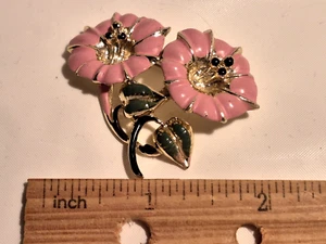Vintage Rosa Blumen Brosche Anstecknadel goldfarben rund Kramer 50er Jahre ? Nicht signiert BESCHREIBUNG LESEN - Bild 1 von 5