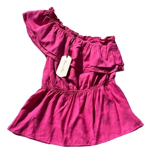 Blusa sin mangas Vine & Love para mujer talla mediana Barbie rosa con volantes de un hombro - Imagen 1 de 14