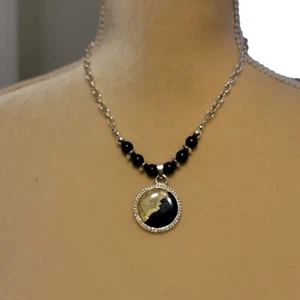 KC Silver Tone Chain Necklace w Black & Gold Accents Pendant 16-19" - Picture 1 of 8