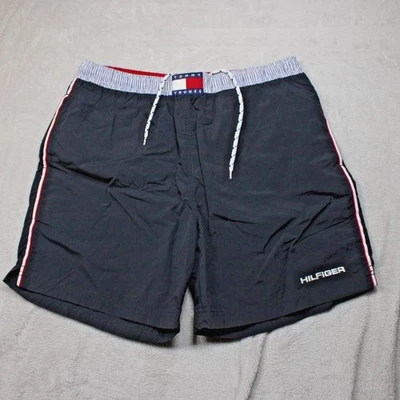 Tommy Hilfiger Swim Trunks Shorts Mens L Black Red Stripe Waist USA Nylon Mesh - Image 1 of 4