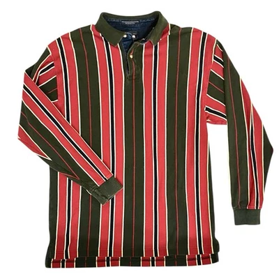 Винтажная рубашка регби 90-х L дерево и серый сделано в Гонконге красный зеленый полоски джинсовой ткани - Изображение 1 из 4