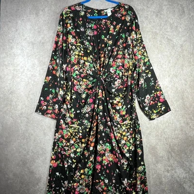 H&M Maxi Dress Womens 2XL Black Micro Floral Print Twist Front Cottagecore NEW - Image 1 of 4