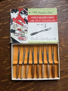 8er Set Edelstahl Hors-D’Oeuvre Gabeln Obstholzgriffe im Originalkarton - Bild 1 von 9