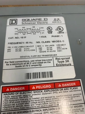SQD 1S1F "New" Gen Purp Transformer 3R 240 x 480V 120 x 240V Fast Shipping! - Image 1 of 4