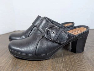 Clarks Artisan Clogs Mules Leather Womens 7.5 M Black Buckle 2" Block Heel - Picture 1 of 14
