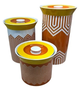 Groovy Jonathan Adler Happy Chic MCM Geometric Design Orange Yellow Canisters - Picture 1 of 15